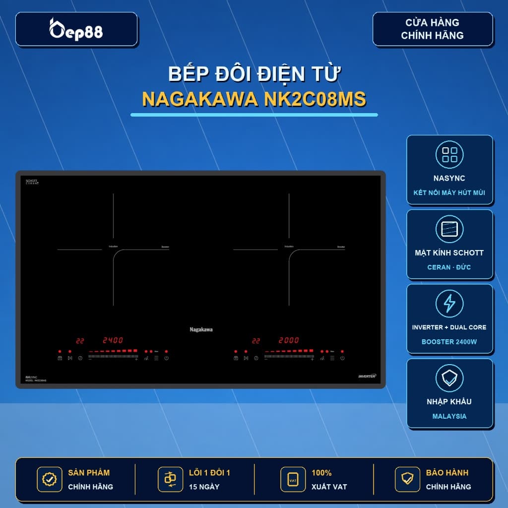 Bếp đôi điện từ Nagakawa NK2C08MS | Nhập khẩu từ Malaysia | Mặt kính ĐỨC | BH tại nhà 5 năm
