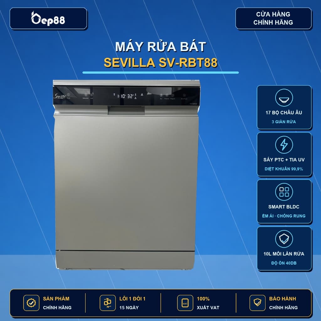 (inverter) Máy rửa bát Sevilla SV-RBT88 (17 bộ) - Sấy khí PTC, diệt khuẩn UV, Bảo Hành 3 năm, Hàng chính hãng
