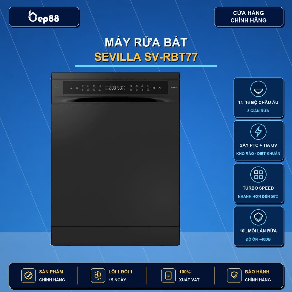 (Cam kết chính hãng) Máy rửa bát Sevilla SV-RBT77 (17 bộ) | Sấy khí nóng PTC 72h, diệt khuẩn UV|Bảo hành 3 năm