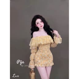 Đầm Hoa Nhí Trễ Vai Tay Phồng Dáng Chữ A Co Giãn Eo Smocking Nữ Tính Kieupham.shop 4