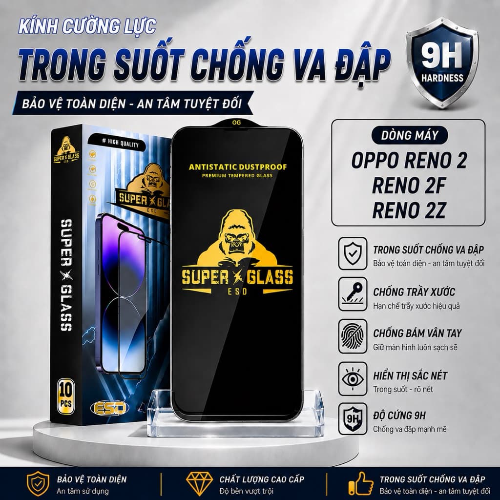 Kính cường lực Oppo reno 2F, reno 2Z, reno 2 cao cấp thế hệ mới full màn miếng dán bảo vệ màn hình điện thoại