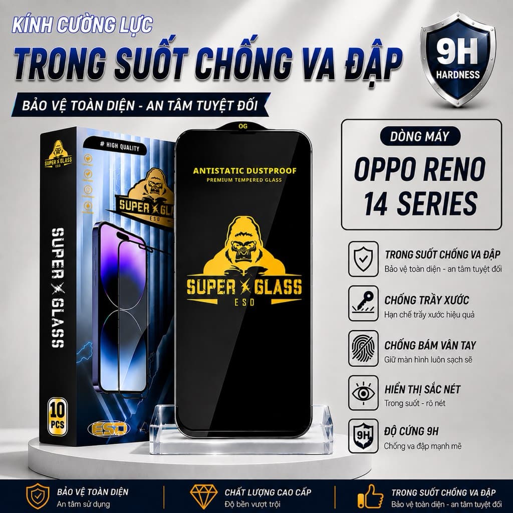 Kính cường lực Oppo Reno 14, 14F trong suốt viền đen Miếng dán bảo vệ màn hình điện thoại