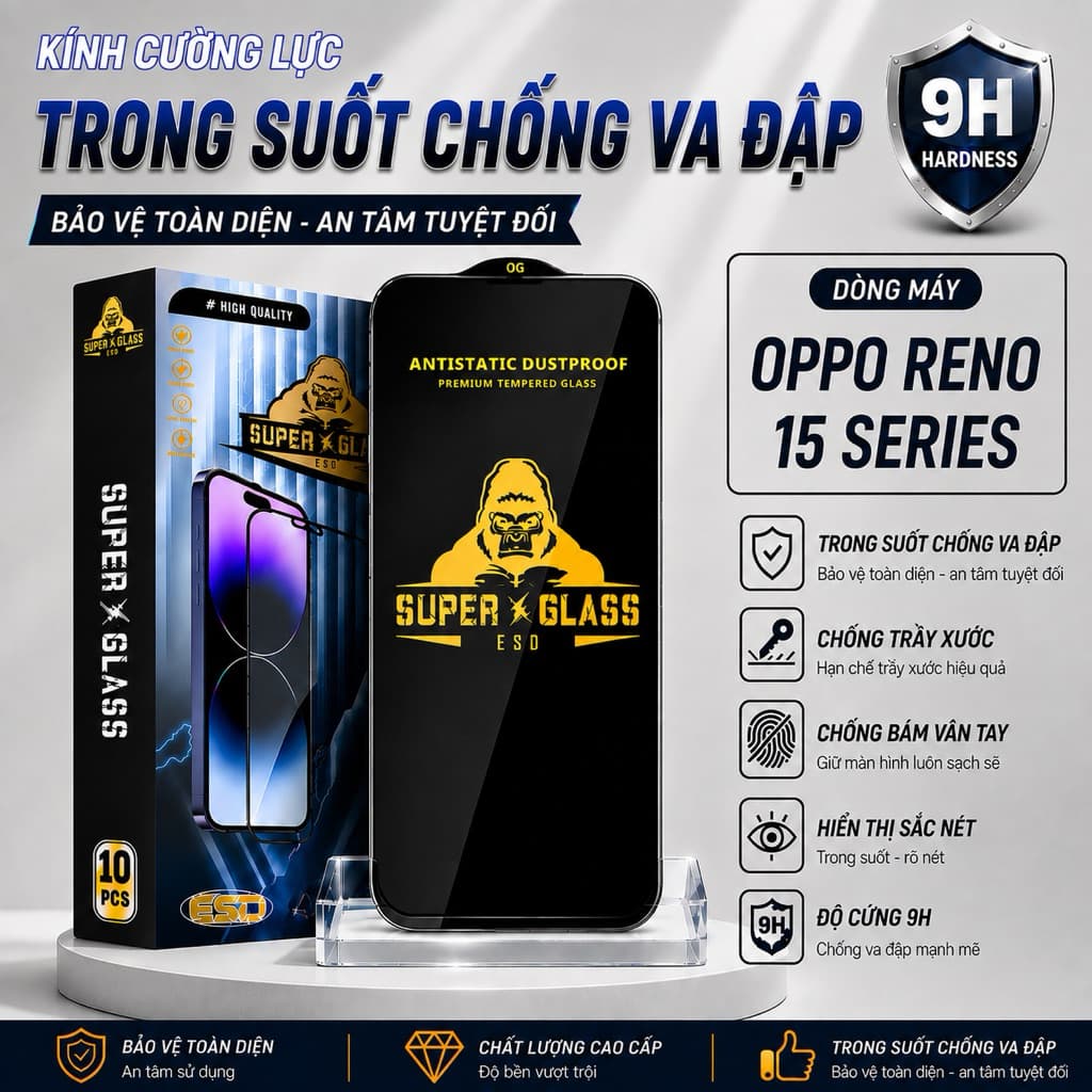 Kính cường lực Oppo Reno 15, 15F, 15C, 15 PRO trong suốt viền đen Miếng dán bảo vệ màn hình điện thoại