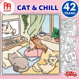 Tranh tô màu thư giãn Cat & Chill dành cho người lớn - Tranh Mèo Chữa Lành Giảm Stress Hiệu Quả - POMI 1