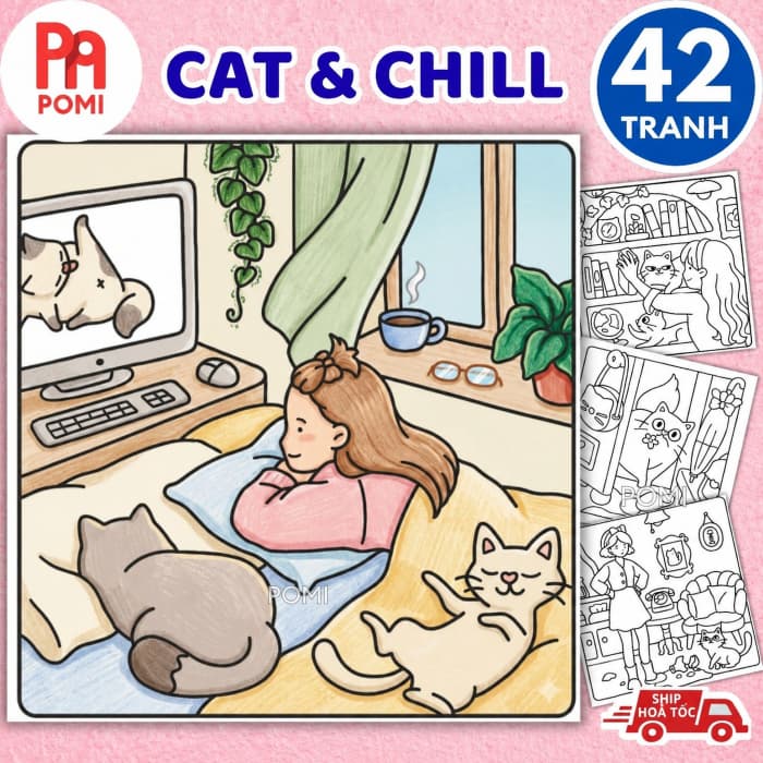 Tranh tô màu thư giãn Cat & Chill dành cho người lớn - Tranh Mèo Chữa Lành Giảm Stress Hiệu Quả - POMI
