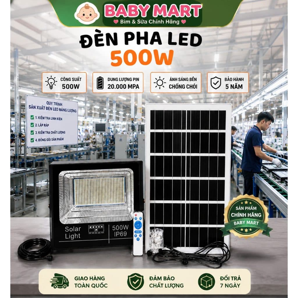 Đèn PHA LED 500W-Năng Lượng Mặt Trời Nhôm Đúc 831 CHIP LED 5730 Chiếu Sáng 12-14 tiếng Kháng Nước IP69. Bảo Hành 5 Năm