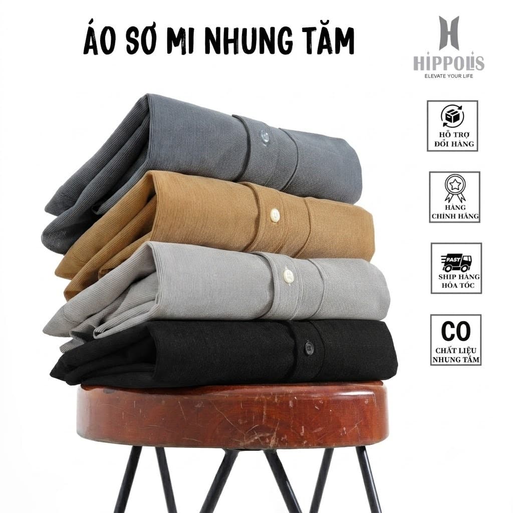 Áo Sơ Mi Hippolis Thời Trang Chất Liệu Nhung Tăm Cao Cấp Mỏng Nhẹ, Đứng Phom, Thấm Hút