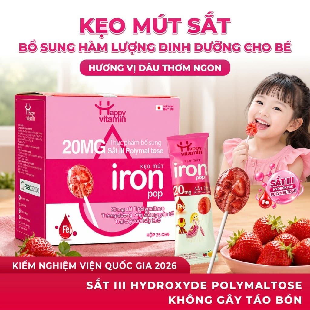 Kẹo mút bổ sung Sắt Happy Vitamin - Hỗ trợ đề kháng khỏe, phát triển toàn diện cho trẻ Hộp 25 Que