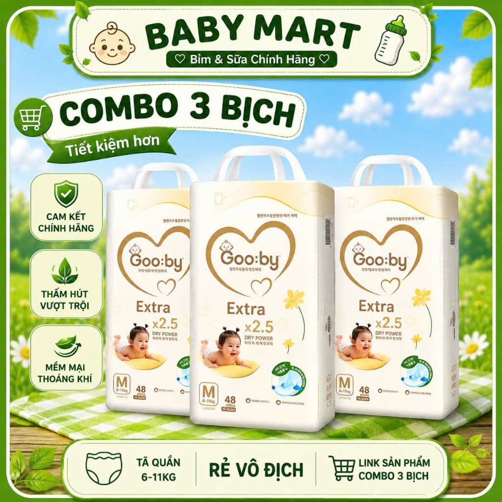 COMBO 3 BỊCH Tã bỉm GOOBY EXTRA bản mới cải tiến cao cấp full size cho bé.