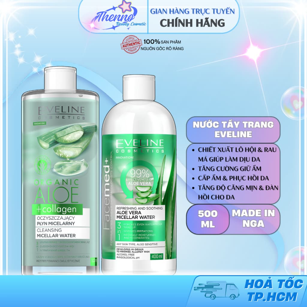 Nước Tẩy Trang Chiết Xuất Lô Hội Cấp Ẩm & Làm Dịu Da Eveline Aloe+Collagen/Facemed+Aloe 500ml