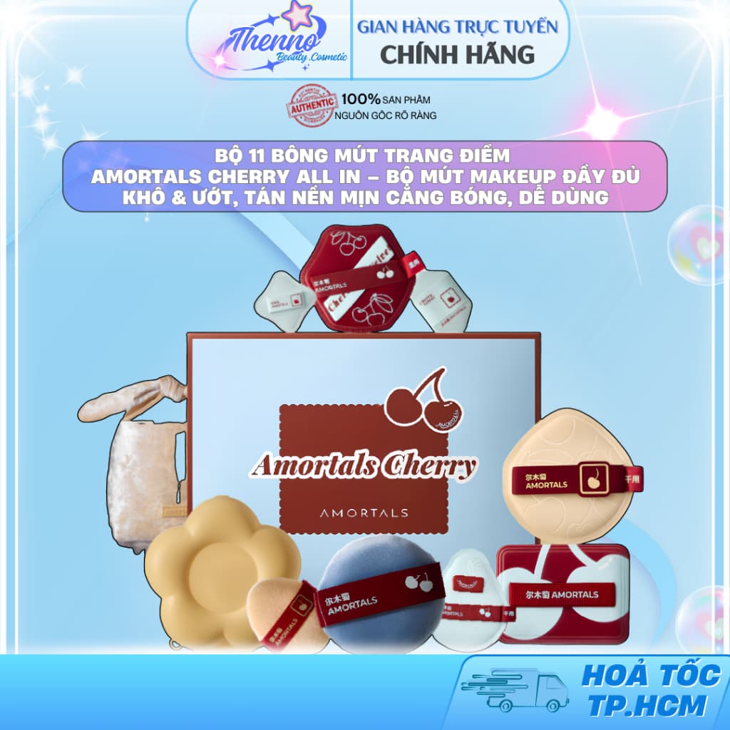 Bộ 11 Bông Mút Trang Điểm Amortals Cherry All In – Bộ Mút Makeup Đầy Đủ Khô & Ướt, Tán Nền Mịn Căng Bóng, Dễ Dùng