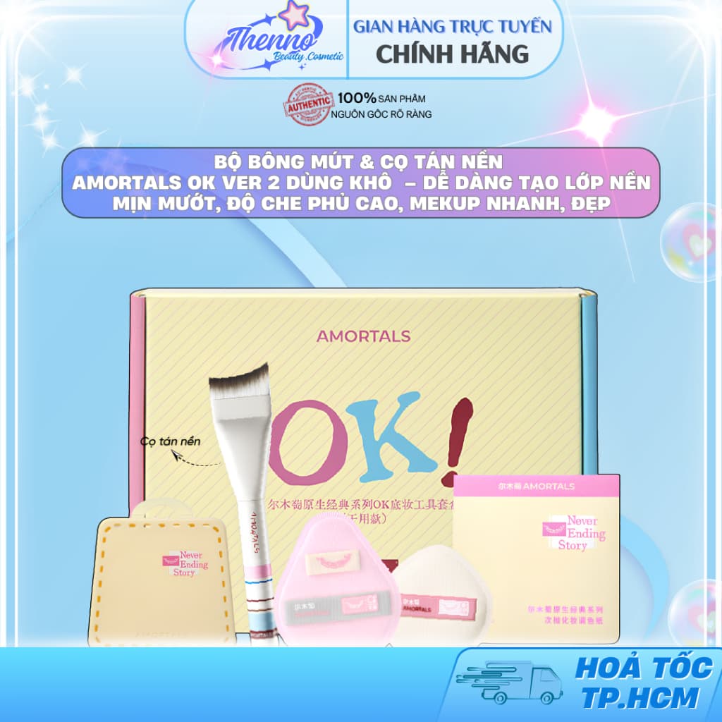 Bộ Bông Mút & Cọ Tán Nền Amortals OK Ver 2 Dùng Khô  – Dễ dàng tạo lớp nền mịn mướt, độ che phủ cao, Mekup nhanh, đẹp