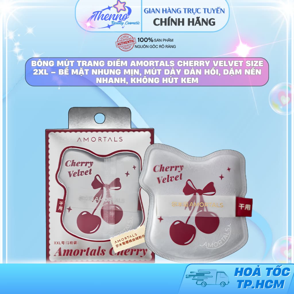 Bông Mút Trang Điểm Amortals Cherry Velvet Size 2XL – Bề Mặt Nhung Mịn, Mút Dày Đàn Hồi, Dặm Nền Nhanh, Không Hút Kem