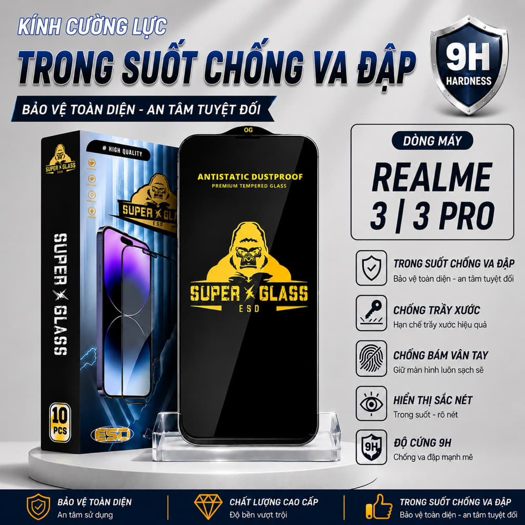 Kính cường lực Realme 3 / 3 Pro cao cấp thế hệ mới full màn miếng dán bảo vệ màn hình điện thoại