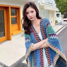 Khăn Áo Choàng Len Boho Thổ Cẩm Nữ Mùa Thu Đông Kiểu Khoác Ngoài Chất Len Móc Dày Ấm 106*135cm 6