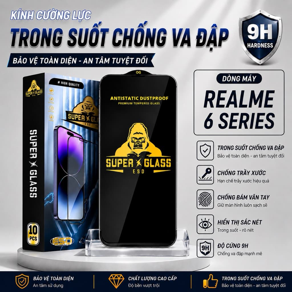 Kính cường lực Realme 6 / 6 pro cao cấp thế hệ mới full màn miếng dán bảo vệ màn hình điện thoại khi rơi va đập