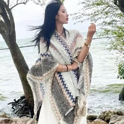 Khăn Áo Choàng Len Boho Thổ Cẩm Nữ Mùa Thu Đông Kiểu Khoác Ngoài Chất Len Móc Dày Ấm 106*135cm 9