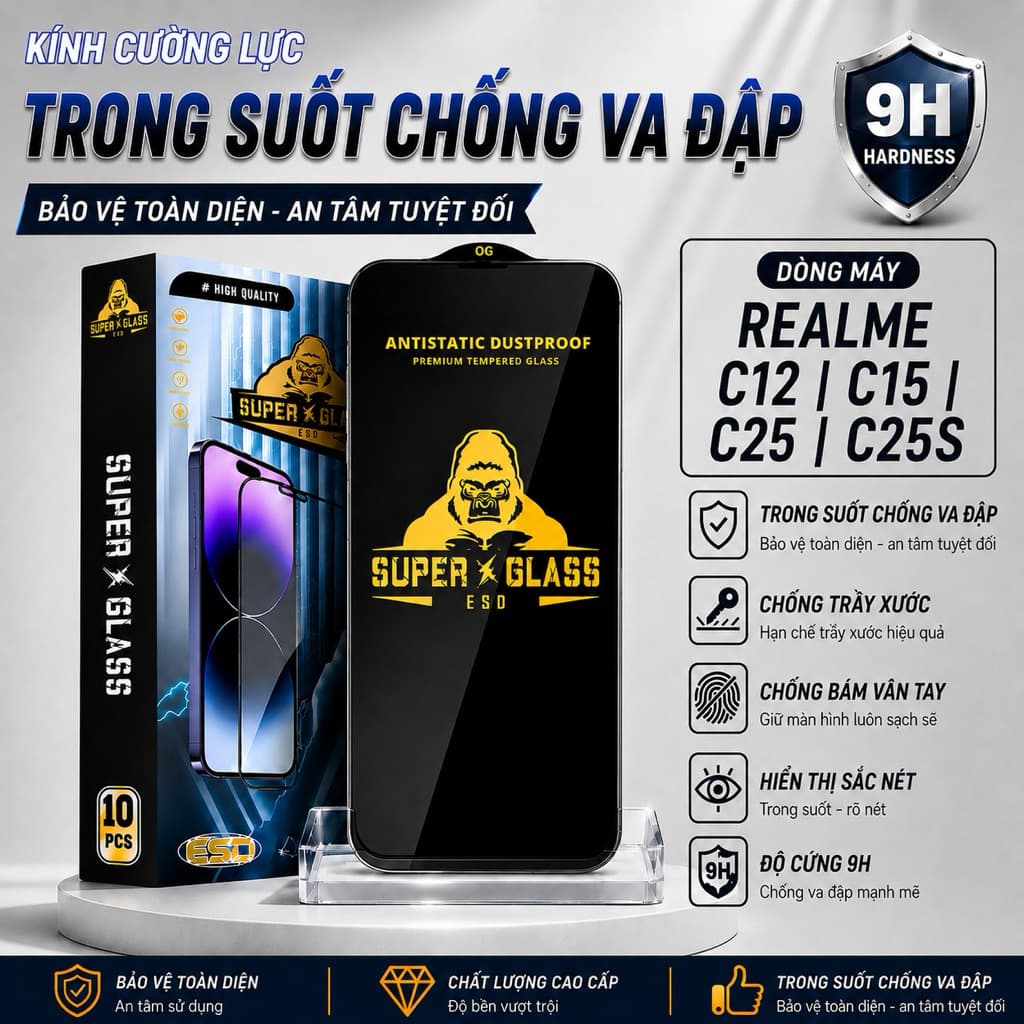Kính cường lực Realme C12 / C15 / C25 / C25S cao cấp full màn miếng dán bảo vệ màn hình điện thoại khi rơi