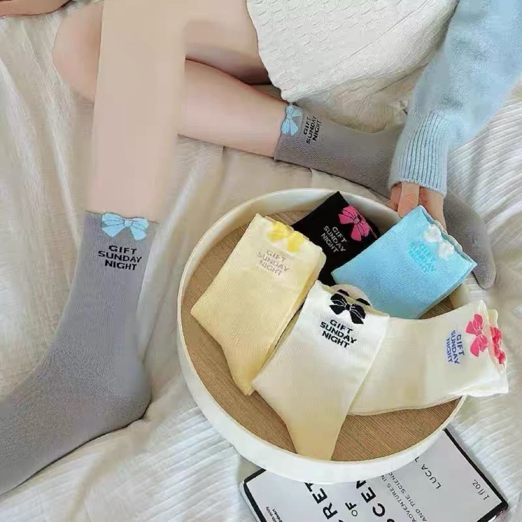 Tất Nữ Cổ Cao Set 10 Đôi  Chất Cotton  Nơ Gip Siêu Xinh
