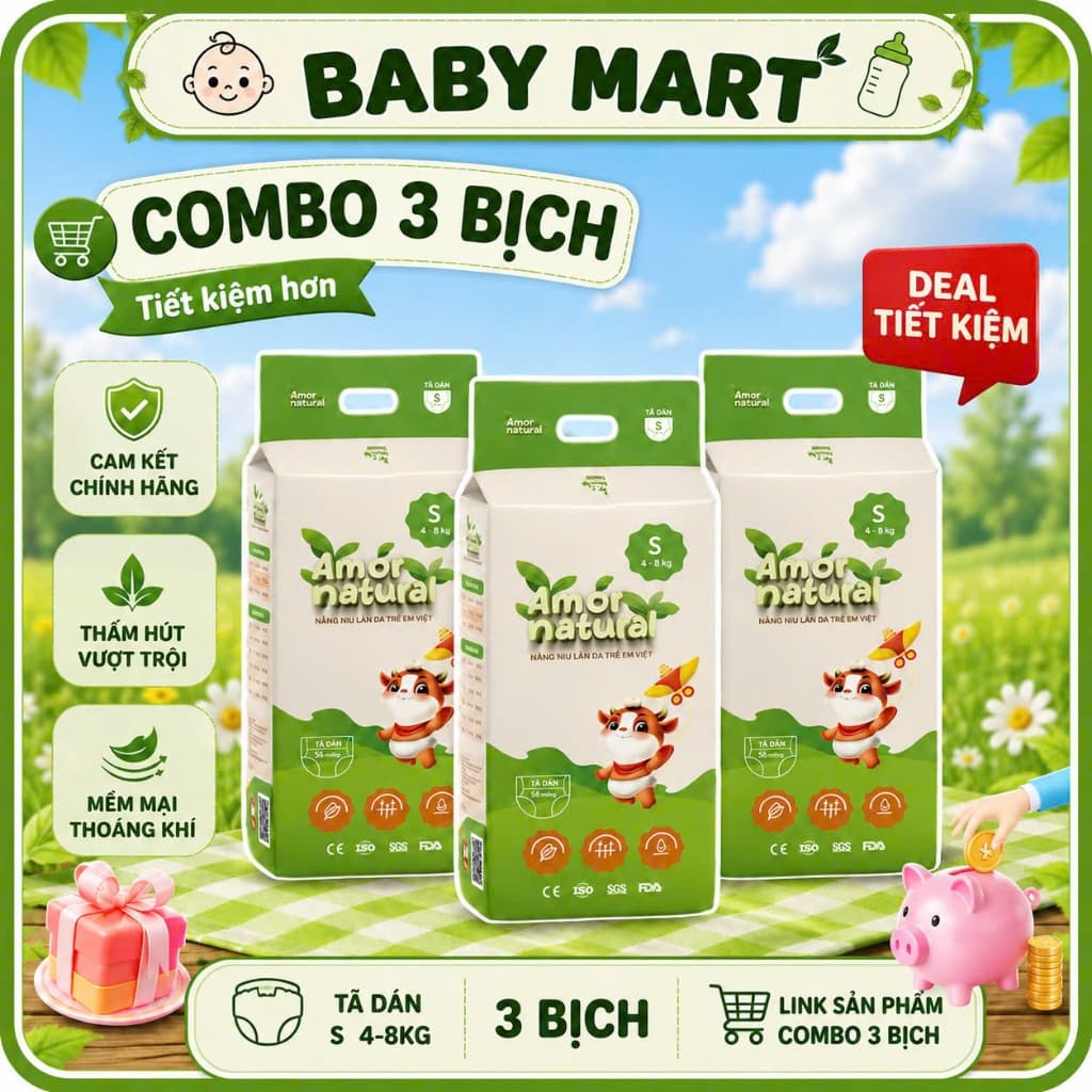COMBO 3 BỊCH Tã Bỉm AMOR NATURAL Việt Nam Mặt Bông Organic, Công Nghệ Air Skin Độc Quyền