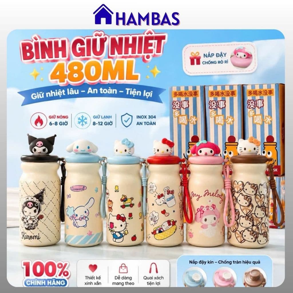 HAMBAS Bình Giữ Nhiệt 480ml Inox 316 Có Lõi Lọc Trà, Nắp Hình Thú Dễ Thương, Có Quai Xách Tiện Lợi