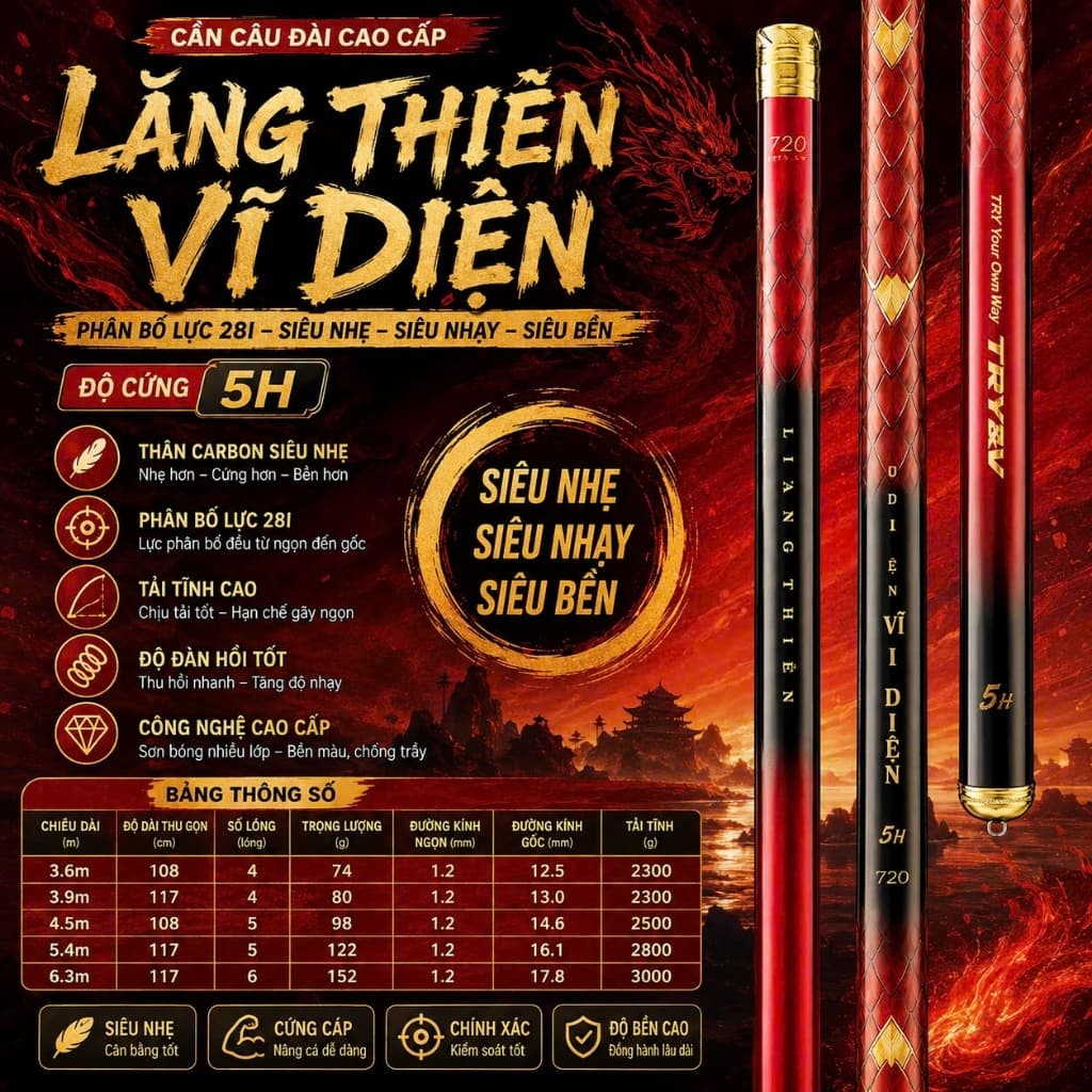 Lăng Thiên Vĩ Diện 5H Cần Câu Đài Cao Cấp  hãng TRY&V chuyên dùng cho câu cá tự nhiên và thi đấu.