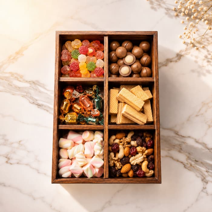 Khay 6 ngăn đa năng, gỗ Melamine màu Óc Chó đựng bánh kẹo, trang sức, mỹ phẩm tiện lợi