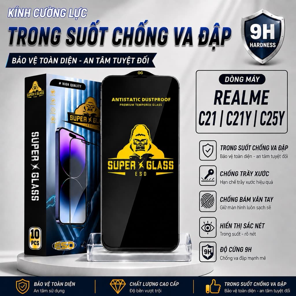Kính cường lực Realme C21Y, C25Y, C21 cao cấp full màn miếng dán bảo vệ màn hình điện thoại