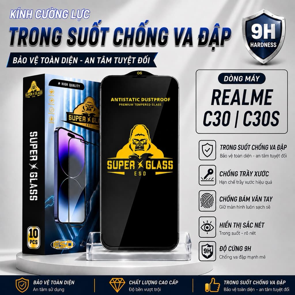 Kính cường lực Realme C30, C30S cao cấp thế hệ mới full màn miếng dán bảo vệ màn hình điện thoại