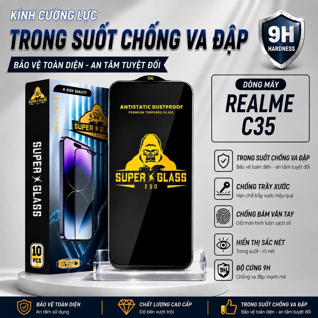 Kính cường lực Realme C35 cao cấp thế hệ mới full màn miếng dán bảo vệ màn hình điện thoại