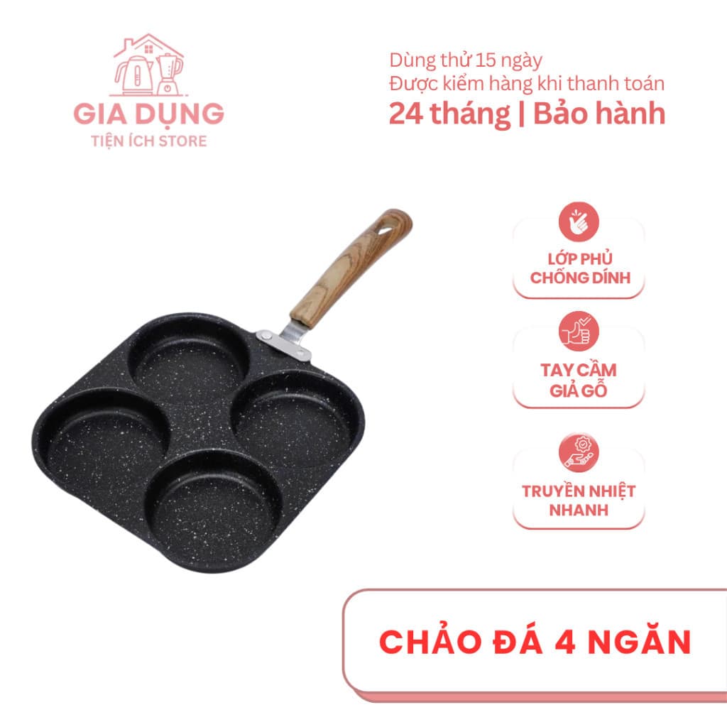Chảo men chống dính 4 ngăn cán gỗ chiên trứng rán thịt đa năng