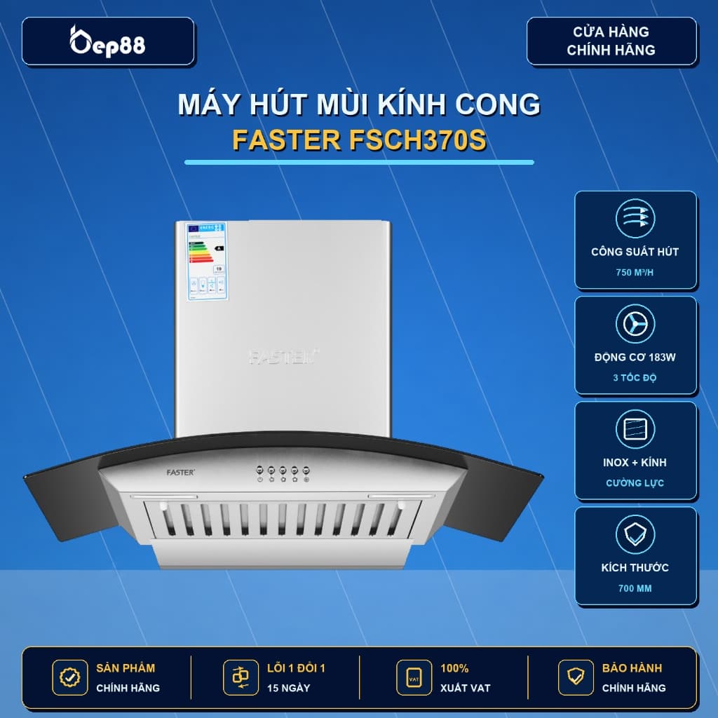 Hút mùi nhà bếp Faster CH370S / CH370B|Điều khiển phím cơ bền bỉ|Động cơ thế hệ mới | Cam kết Hàng chính hãng