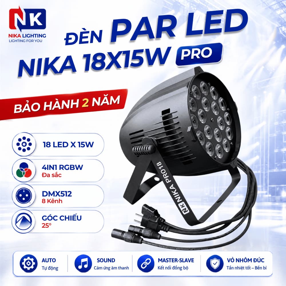 Đèn PAR LED NIKA 18x15W Full màu điều khiển tay hiệu ứng ánh sáng sân khấu, karaoke, sự kiện