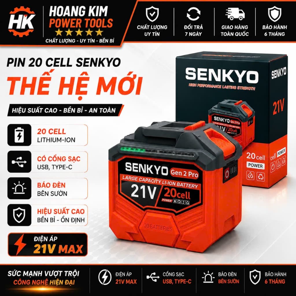 Pin 20 Cell SENKYO PROMAX, Kèm Sạc Nhanh 2.0A, Dung Lượng 10Ah, Có Cổng Sạc USB, Type C, Có Đèn Báo Pin