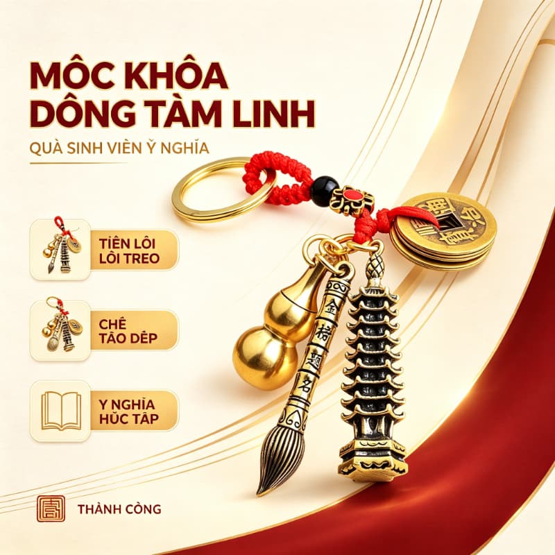 Móc Khóa Hồ Lô Kiếm Tháp Văn Xương Phong Thủy Màu A28 Vàng Đồng Đỏ – May Mắn Tài Lộc