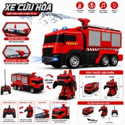 Xe cứu hoả điều khiển biến hình robot 2trong1 , có phun nước , đèn nhạc ,pin sạc 1