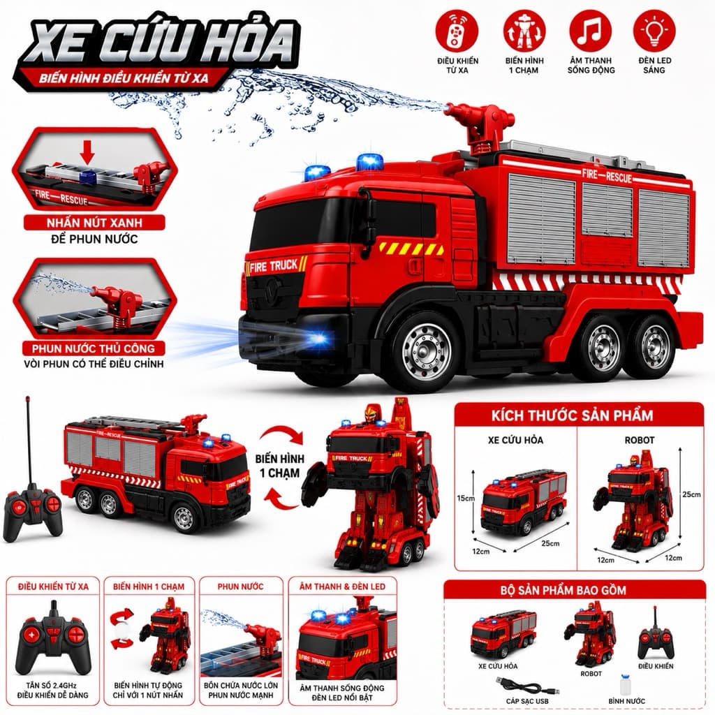 Xe cứu hoả điều khiển biến hình robot 2trong1 , có phun nước , đèn nhạc ,pin sạc