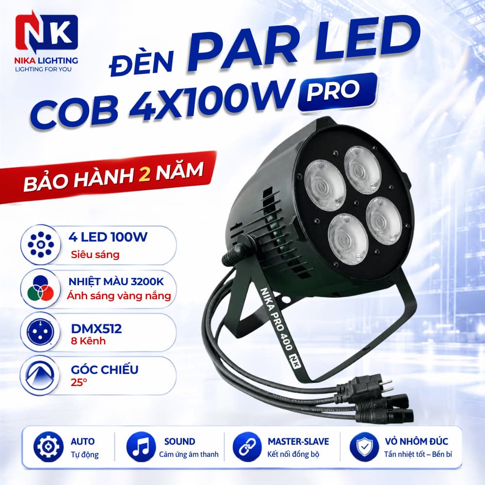 Đèn PAR COB NIKA 4x100W 4 mắt LED sân khấu điều khiển DMX và remote từ xa cho tiệc cưới, sự kiện