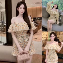Đầm Hoa Nhí Trễ Vai Tay Phồng Dáng Chữ A Co Giãn Eo Smocking Nữ Tính 1