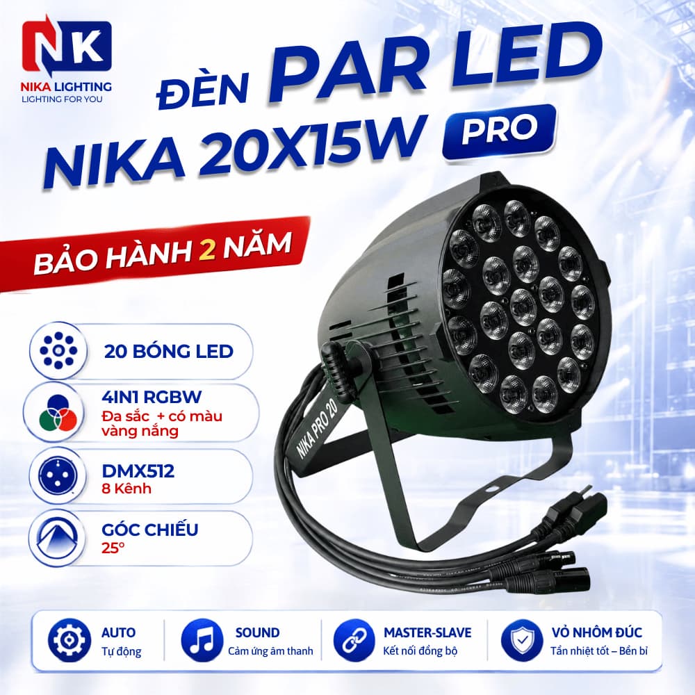 Đèn PAR LED NIKA 20x15W Full Color RGBW 4IN1 có vàng nắng DMX chỉnh tay cho sân khấu khiển remot