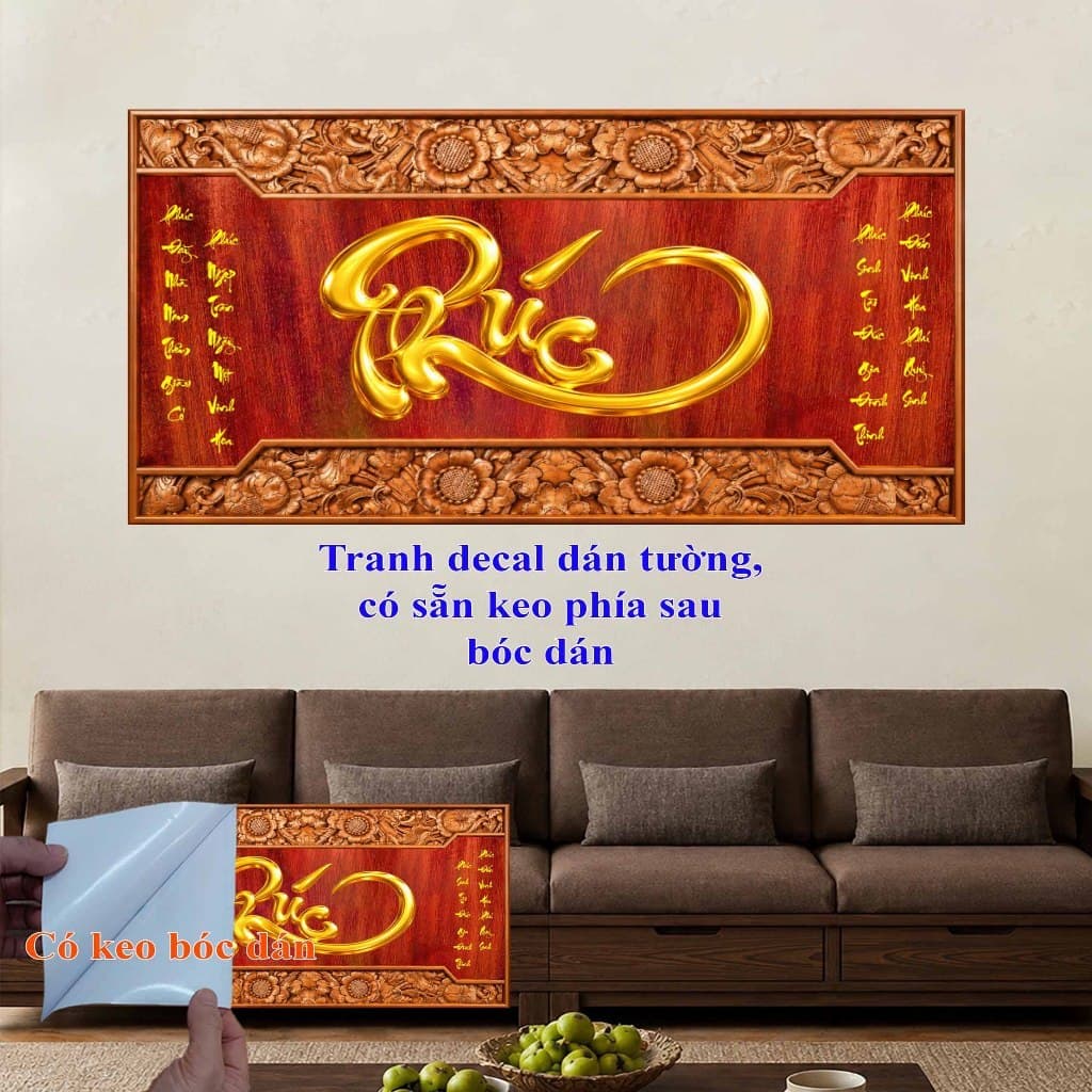 Tranh decal dán tường THƯ PHÁP CHỮ PHÚC kích thước 120x60cm, có sẵn keo bóc dán, PosterDecor