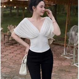 Áo Kiểu Nữ Thun Hàn Phối Lưới Cổ V Thanh Lịch, Sang Trọng 1