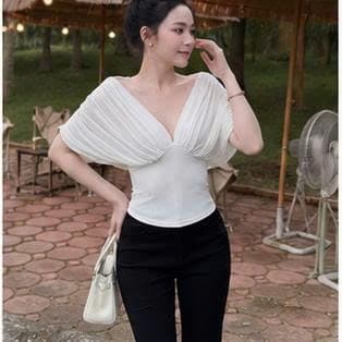 Áo Kiểu Nữ Thun Hàn Phối Lưới Cổ V Thanh Lịch, Sang Trọng