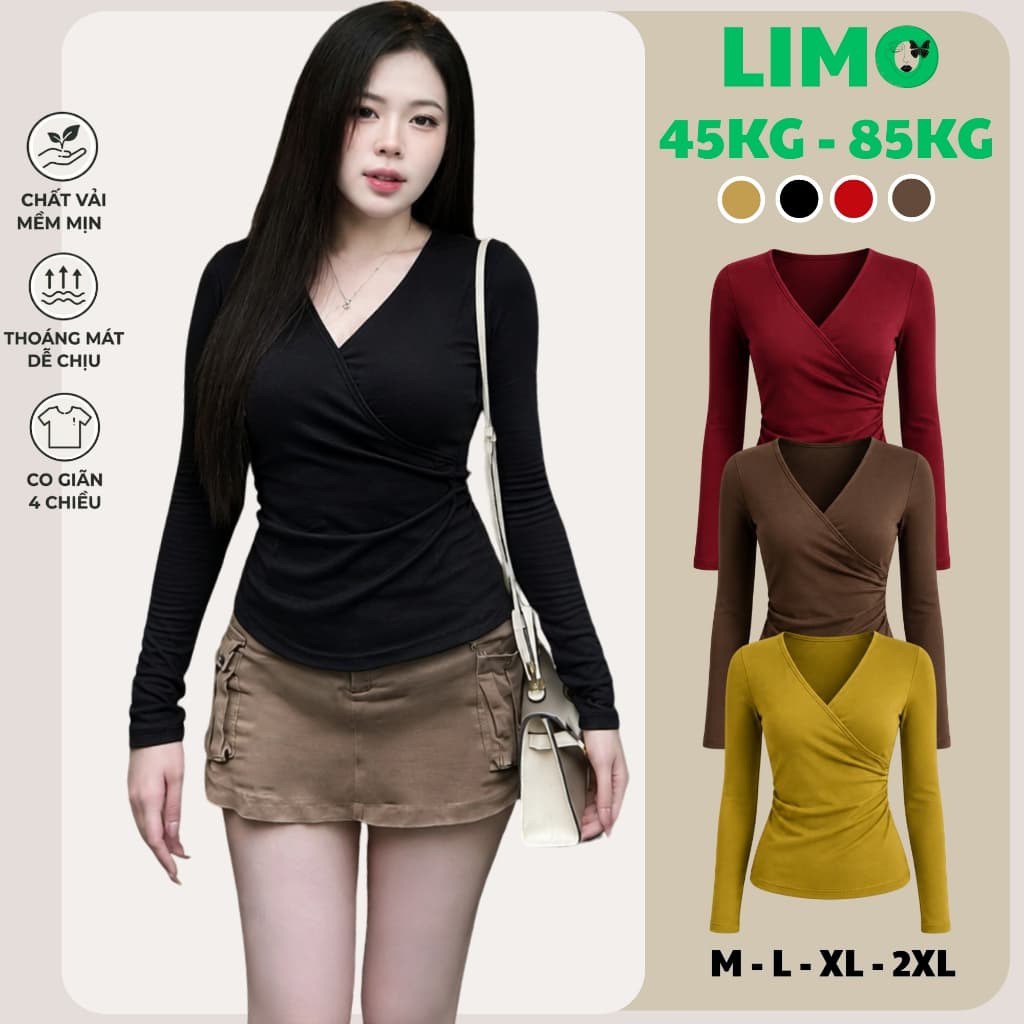 [Có Bigsize 45-85kg] Áo Thun Nữ LIMO MS518 Tay Dài Cổ V Đắp Chéo Form Ôm Body Tôn Dáng Co Giãn