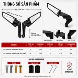 Gương cánh én V1, gương chiếu hậu hợp kim nhôm dáng thể thao, chống rung nhỏ gọn phù hợp nhiều dòng xe lắp đặt dễ dàng 8
