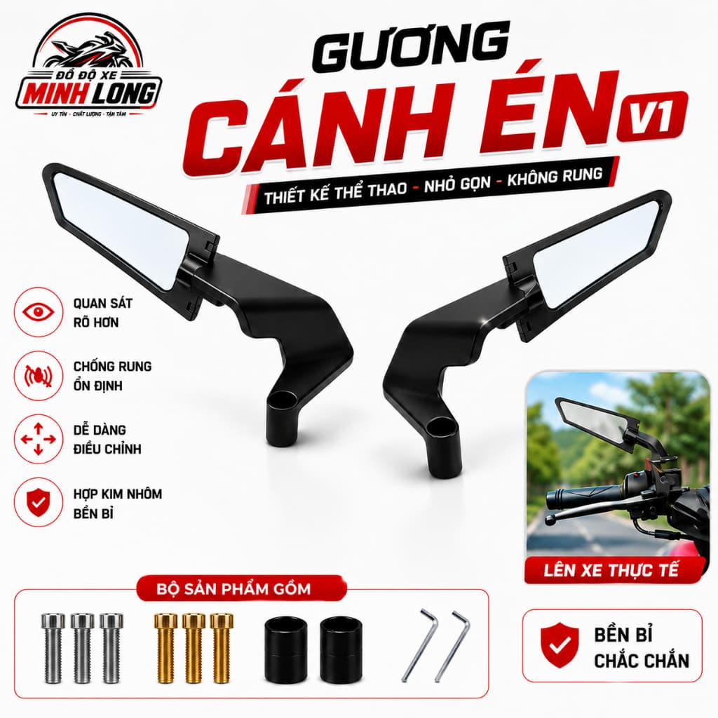 Gương cánh én V1, gương chiếu hậu hợp kim nhôm dáng thể thao, chống rung nhỏ gọn phù hợp nhiều dòng xe lắp đặt dễ dàng