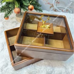 Khay Mứt Tết Hình Vuông 1-2 Tầng, Khay Đựng Bánh Kẹo Nắp Kính Hình Hươu - Gỗ Sồi Cao Cấp Sang Trọng 3
