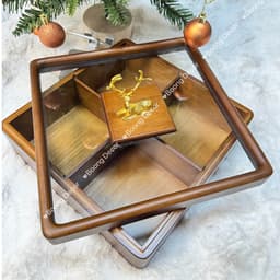 Khay Mứt Tết Hình Vuông 1-2 Tầng, Khay Đựng Bánh Kẹo Nắp Kính Hình Hươu - Gỗ Sồi Cao Cấp Sang Trọng 4