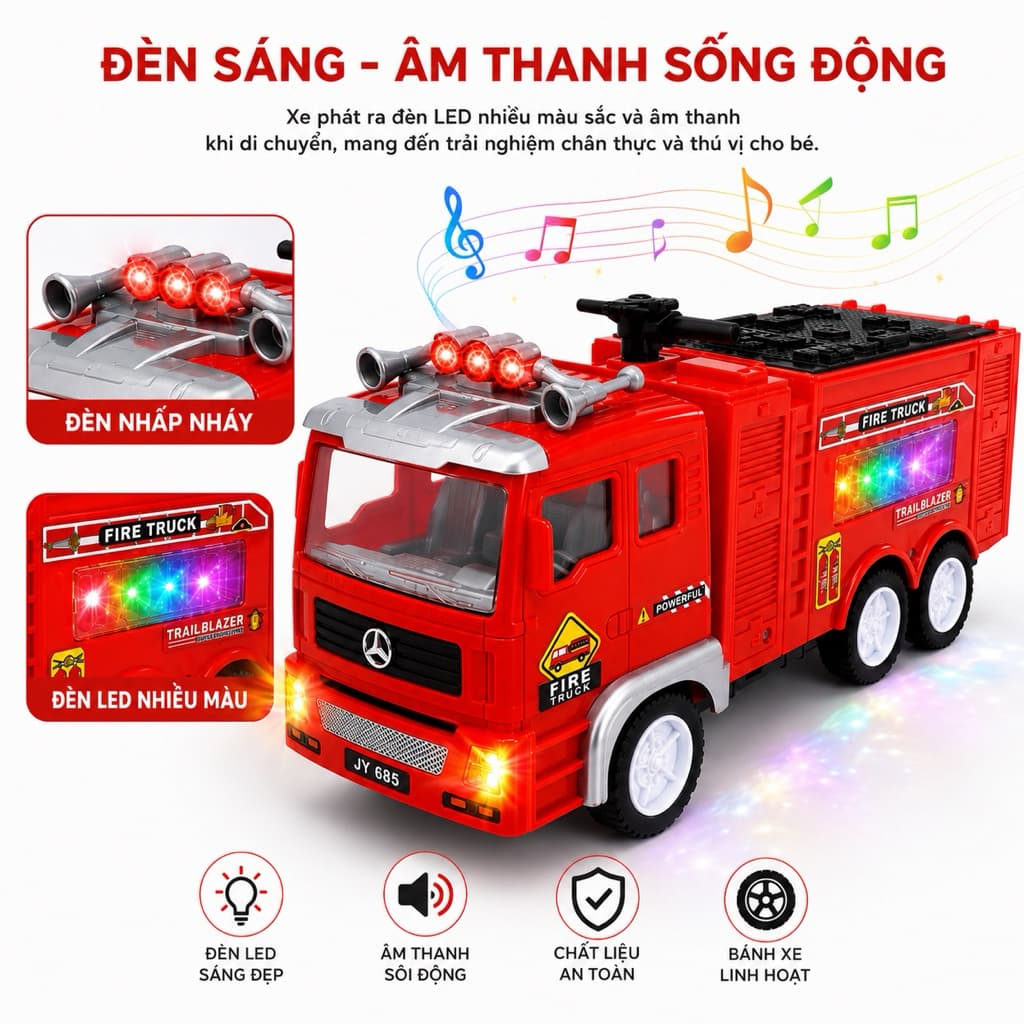 Xe cứu hoả đồ chơi chạy pin , có đèn ,nhạc xe cứu hoả , mô phỏng âm thanh sống động chân thực ( Tặng kèm pin )