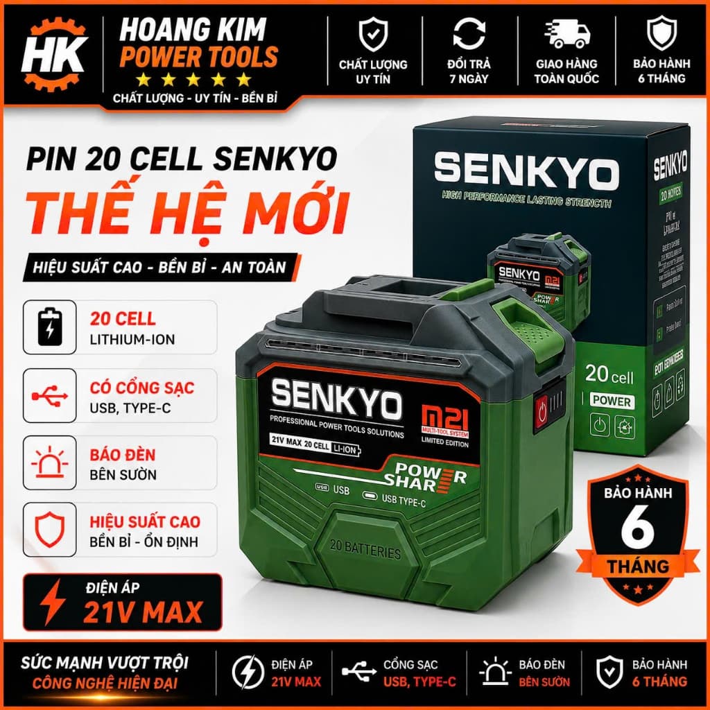 Pin 20 Cell SENKYO PROMAX, Kèm Sạc Nhanh 2.0A, Dung Lượng 10Ah, Có Cổng Sạc USB, Type C, Có Đèn Báo Pin
